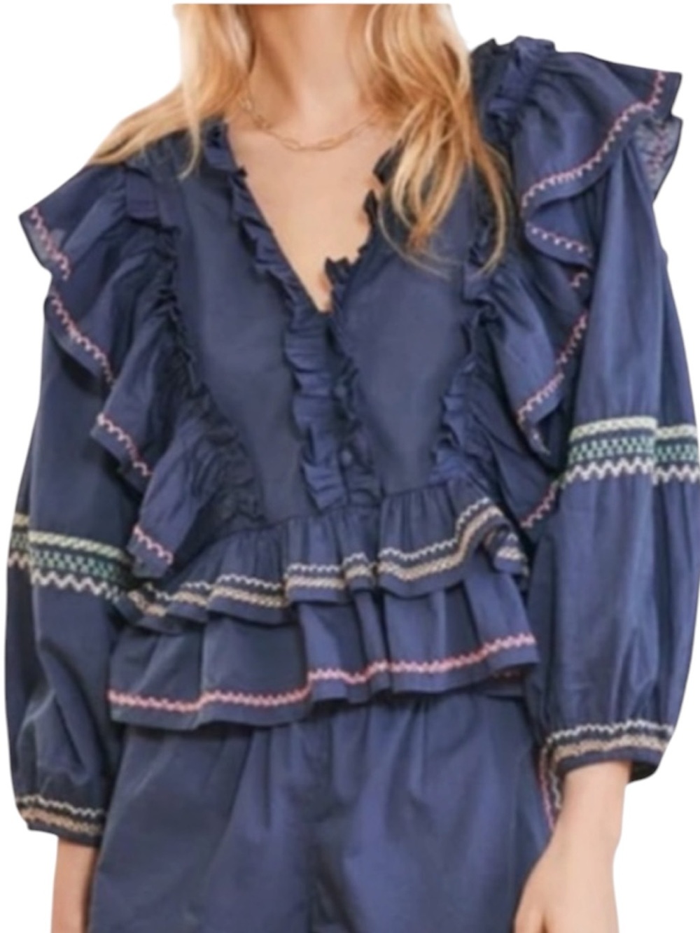 Something Navy Women’s Navy Blue Ruffle Puff Sleeve Boho Blouse Top Size L